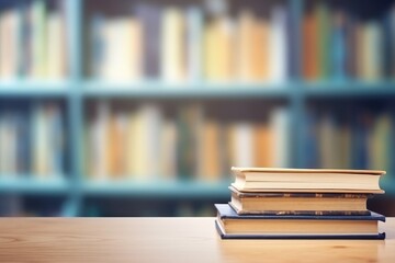 Pile of books on the blurred background of the library or bookshop