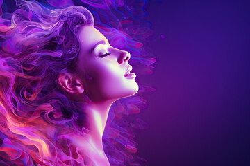 Fototapeta na wymiar Mental health concept. Beautiful woman face with purple smoke on her head. Generated by artificial intelligence