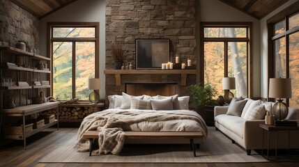 Modern rustic cozy house interior with fireplace and large windows - obrazy, fototapety, plakaty