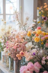 A modern florist shop presents a delicate arrangement of pastel flowers, creating a soft, inviting atmosphere with a touch of spring freshness.. - obrazy, fototapety, plakaty