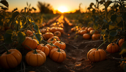 A vibrant autumn sunset illuminates a spooky Halloween pumpkin lantern generated by AI