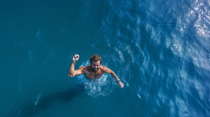 Aerial Top View Male Swimmer Swimming in Swimming Pool. Professional Athlete Training for the Championship, using Front Crawl, Freestyle Technique