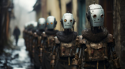 Frightening figures of steampunk creatures in brass armor move one after another against the blurry background of a gloomy alley - obrazy, fototapety, plakaty