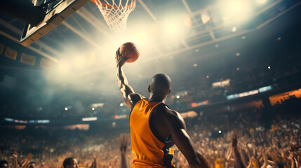 African American National Basketball Superstar Player Scoring a Powerful Slam Dunk Goal with Both Hands In Front Of Cheering Audience Of Fans. Cinematic Sports Shot with Back View Action - Powered by Adobe