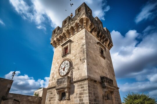 A historic clock tower in Rhodes, Rhodes Island. Generative AI