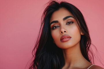 Obraz premium Beautiful Indian woman with pink lips and eye shadow on the pink background with copy space