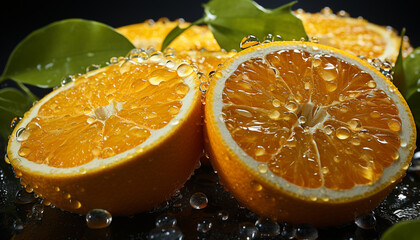 Freshness of citrus fruit, slice of ripe yellow orange, wet refreshment generated by AI