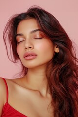 Naklejka premium Beautiful Indian woman with pink lips and eye shadow on the pink background