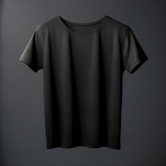 Front view of black short t-shirt template on gray background for print design.