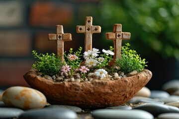 A DIY Resurrection Garden representing the Easter story, with three rustic crosses, fresh spring flowers, and symbolic stones.