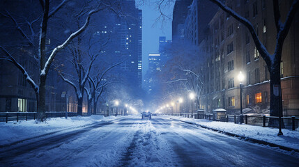 Beautiful evening and night city, many lights, winter weather, ice, snowy city.