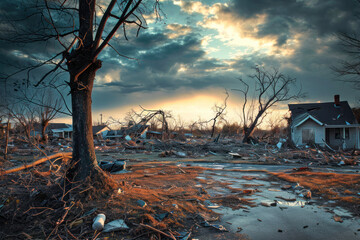 Tornado aftermath, a striking image showing the aftermath of a tornado with uprooted trees, damaged structures.
