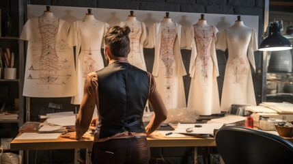 A fashionably dressed fashion designer is working on creating a fashion design in a design studio	

