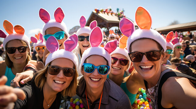an image of a joyful group of women hunting for Easter eggs at the 2024 Bunny Festival
