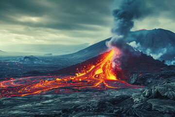 Volcanic eruption impact, a powerful image showcasing the impact of a volcanic eruption with flowing lava.
