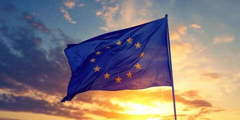 Close-Up of EU Flag Waving Against Sunset Sky