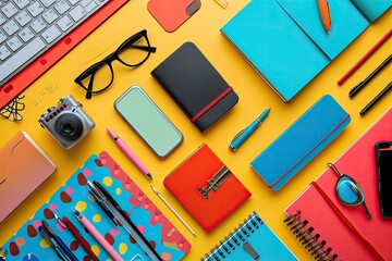 A stylized flat lay of colorful stationery and gadgets on a desk, ideal for showcasing productivity and organization 