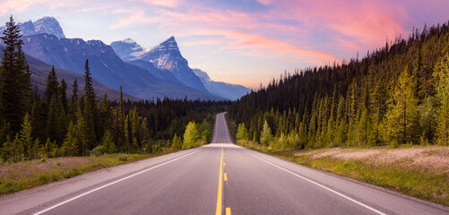 Scenic road in the Canadian Rockies. Sunset. Icefields Parkway, Banff