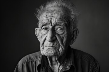 An aged man stands against a monochrome wall, his wrinkled face a portrait of a life well-lived, each line on his skin a testament to the passing of time and the depth of his experiences