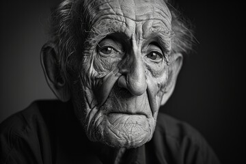 A weathered human face, marked with the lines of a long life, gazes out from the monochrome portrait, conveying the strength and resilience of the person behind the wrinkles