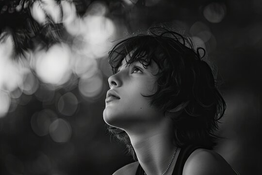 A woman gazes upwards into the monochromatic sky, her portrait capturing a sense of dark, fashion-forward intensity in this outdoor photo shoot