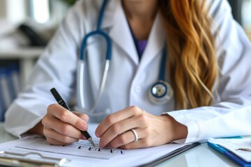 female doctor writes with a pen in a notepad, writing a prescription