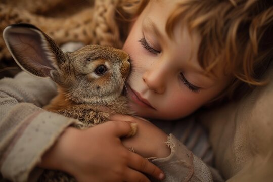 A curious toddler gently cradles a fluffy domestic rabbit, their soft skin and innocent faces radiating pure joy and wonder in this heartwarming indoor scene