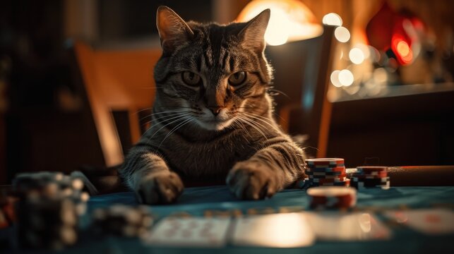 A cunning indoor cat joins a high-stakes game of poker at the table, ready to outwit and outplay its opponents with its feline instincts