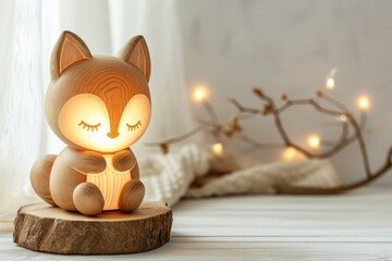 A cozy children's room corner featuring an adorable woodland-themed lamp and matching fox figurines, crafting a storybook atmosphere. - obrazy, fototapety, plakaty