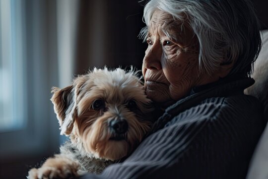 An elderly woman lovingly holds her cherished schnoodle puppy, their bond a testament to the special connection between a person and their loyal companion dog