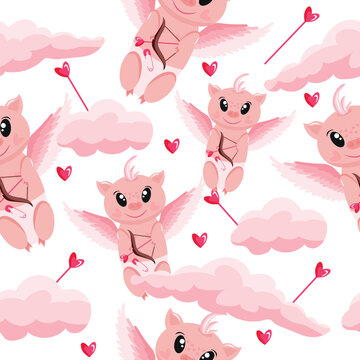 Valentine's Day seamless pattern consisting of a pink piggy in the image of cupid with pink wings, pink bangs and a bow with arrows and pink clouds, vector
