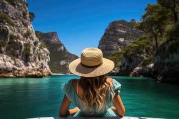 Woman in a straw hat enjoying the view of a serene mountain lake.