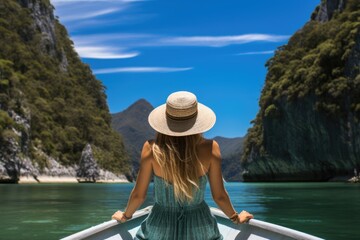 Back view of a person in a hat, facing a tranquil aquatic landscape.