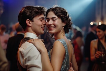 Couple sharing a close dance with smiles, surrounded by partygoers.