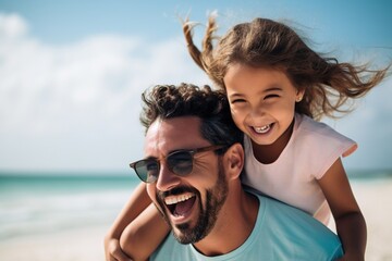 Obraz premium Father and daughter laughing and smiling on the beach