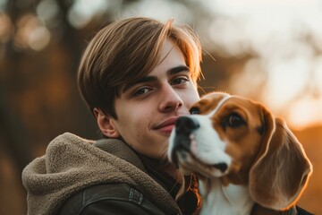 A beagle-hound mix, dressed in warm outdoor clothing, stands proudly next to his owner, a woman with a warm smile and brown hair, showcasing the unbreakable bond between man and his faithful canine c