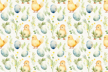 Fototapeta na wymiar Seamless Easter pattern with chicks; flowers and colored eggs