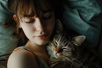A peaceful portrait of a woman laying in bed, her skin gently brushed by the soft fur of her beloved indoor felidae companion, creating a tranquil moment of human and feline connection