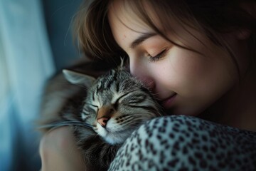 A serene woman gazes lovingly at her domestic cat, their skin and whiskers entwined in a tender portrait of felidae affection