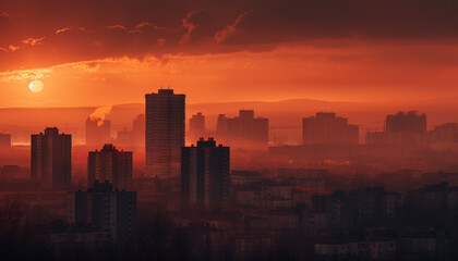Fototapeta premium Silhouette skyscrapers illuminate city skyline at dusk, reflecting sunset beauty generated by AI