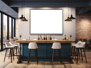 Bar chairs in a bar with white mock up poster frame on the wall. Generative Ai