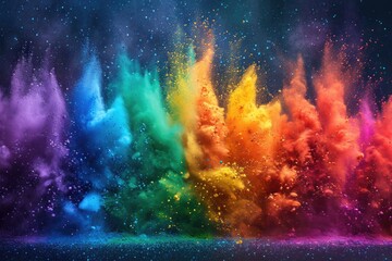 A mesmerizing abstract representation of an explosive powder burst, where vibrant colors collide and merge in a dynamic dance, creating a captivating visual spectacle