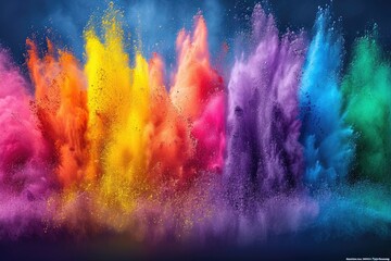 A stunning depiction of a colorful and energetic powder explosion, frozen in time, capturing the chaotic beauty of the moment when pigmented particles collide
