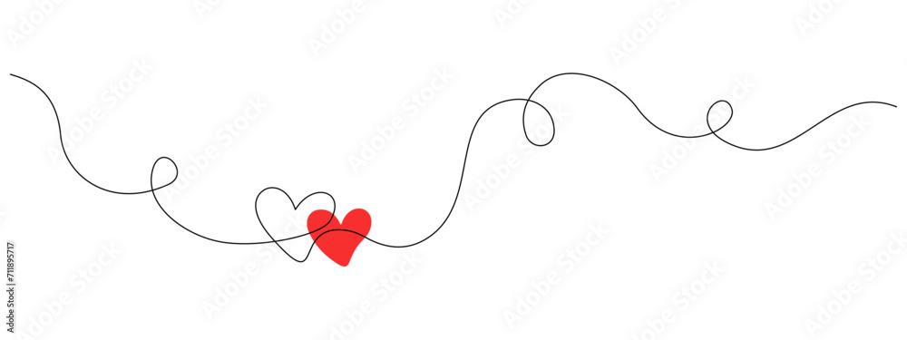 Fototapete one continuous drawing of two hearts with red color love sign. thin flourish ribbon and romantic sym