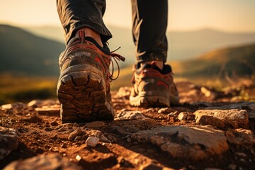 A hiker's sturdy boots traversing a rocky mountain trail, embodying the active and adventurous outdoor lifestyle