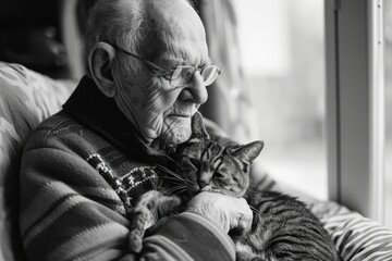 An elderly gentleman gazes lovingly at his domestic feline companion through an indoor window, their human faces mirroring each other in a peaceful moment of felidae connection - obrazy, fototapety, plakaty