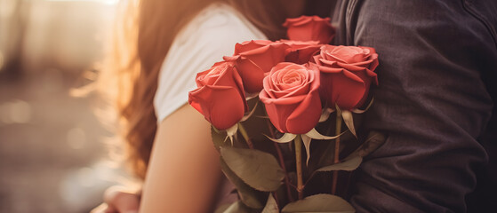 A lovely couple deeply in love celebrates Valentine's Day by exchanging a bouquet of roses.