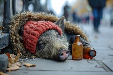 A contented pig rests in the warm embrace of nature, wearing a jaunty hat and sipping from a bottle, while the bustling city street hums around it