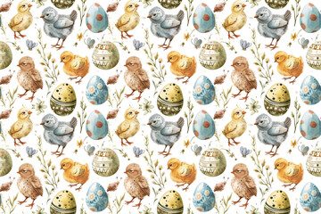 Seamless Easter pattern with chicks; flowers and colored eggs
