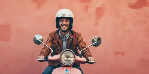 A vintage style biker with a helmet on, is riding a retro scooter with a peach fuzz colored wall in the background